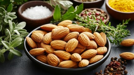 A Close-Up of Raw Almonds in a Black Bowl Surrounded by Fresh Herbs and Various Spices on a Dark Wooden Surface for Natural Food Concepts