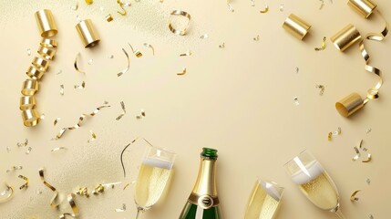 New Year celebration background with champagne and confetti. Golden holiday party, new year celebration concept.