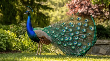 Obraz premium A vibrant peacock with its majestic, iridescent tail feathers fully spread, standing