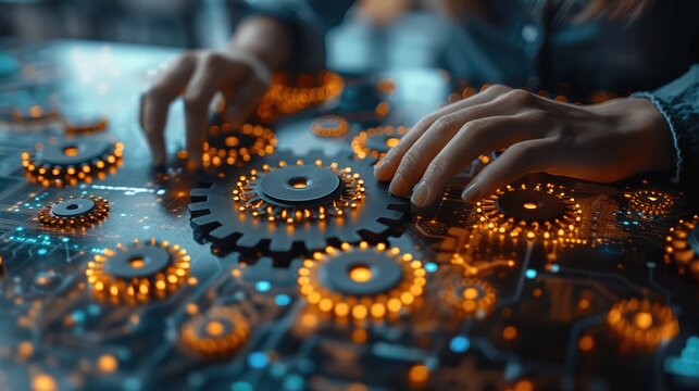 Businesswoman using tablet with gears for digital technology in data management, businessman working in office, digital marketing, e-commerce, close-up, bokeh effect