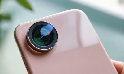 A close-up of a smartphone camera lens with a fisheye lens attached