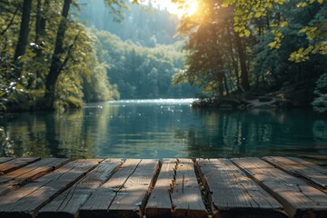 Empty Wooden Table Top with Blurred Nature Background in Summer Park