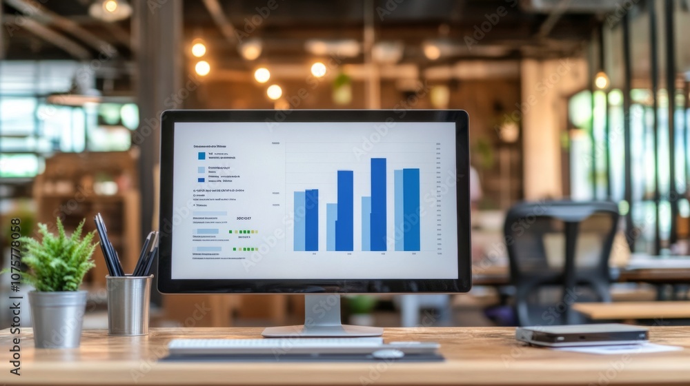 Poster modern workspace with computer displaying charts and graphs in an open office environment, highlight