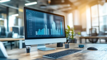 Fototapeta premium Modern Office Workspace with Desktop Computer Displaying Financial Data Graphs and Charts in a Bright, Collaborative Environment