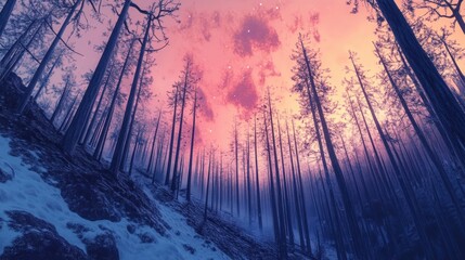 Fototapeta premium A wide-angle view of an abstract forest on a mountainous terrain during winter,
