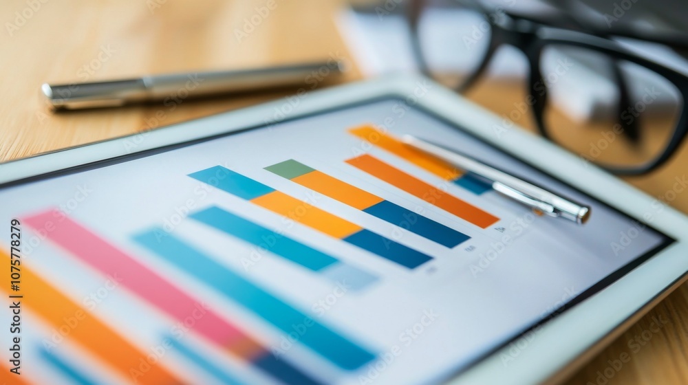 Aufkleber colorful bar graph on digital tablet with pen and glasses on wooden desk, insights into business dat