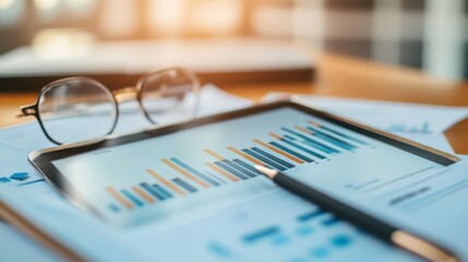 Fototapeta premium Detailed Analysis of Financial Data Visualized on a Tablet with Charts and Graphs Alongside Glasses and Stationery on a Wooden Office Desk