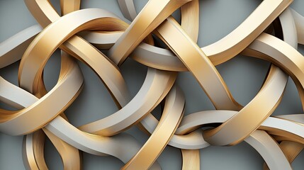 Luxurious golden geometric shapes intricately intertwined, set against a smooth gray background ideal 