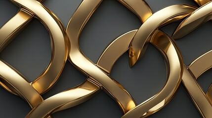 Luxurious golden geometric shapes intricately intertwined, set against a smooth gray background ideal 