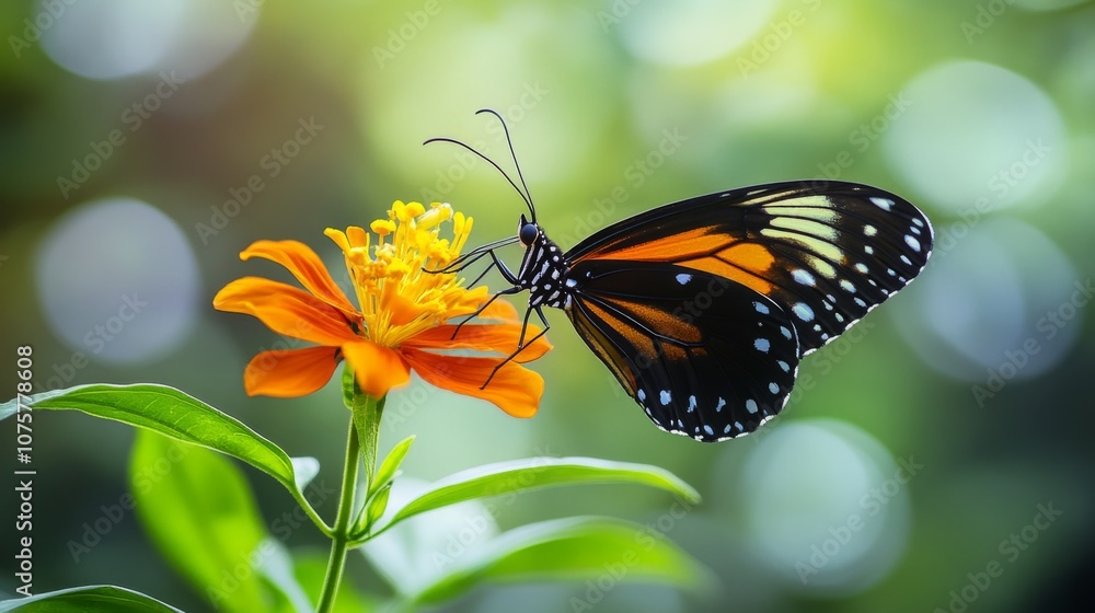 Poster beautiful monarch butterfly feeding on vibrant orange flower with soft green background and bokeh ef