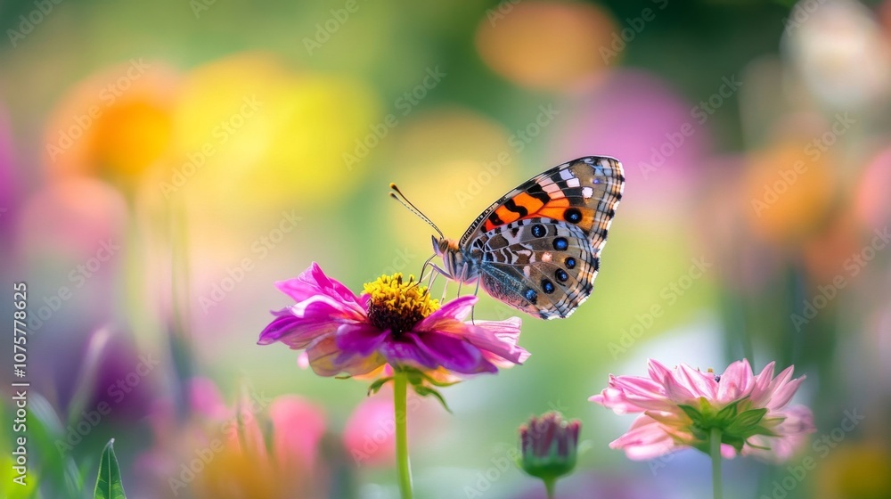 Poster vibrant butterfly sitting on colorful flower in a dreamy garden setting with soft bokeh background a