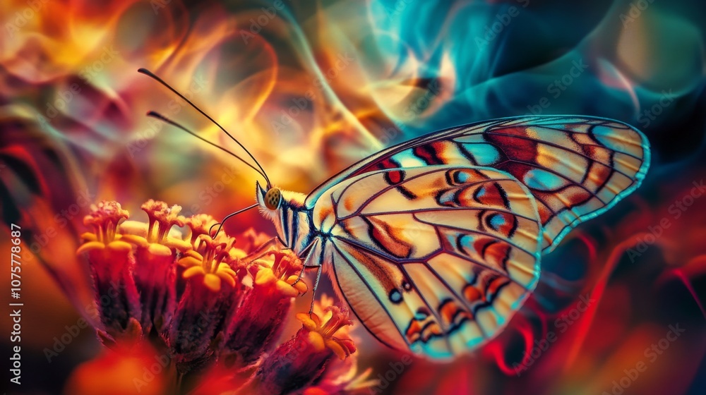 Poster vibrant butterfly perched on colorful flowers with swirling background of fiery colors creating a st