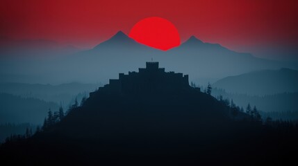 Majestic Castle Silhouette Against Red Sunset and Misty Mountains