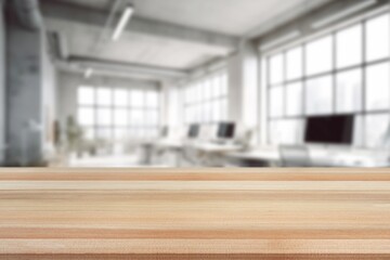 Empty table top with office space background