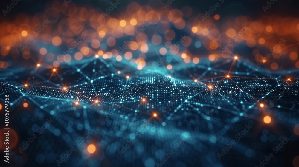 Poster futuristic technology background with cyber network grid and connected particles in blue and green