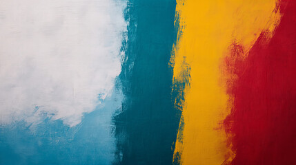 A vibrant abstract painting featuring bold colors of blue, yellow, and red with soft textured strokes blending at the canvas edges