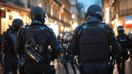 Police officers in riot gear patrol busy urban streets