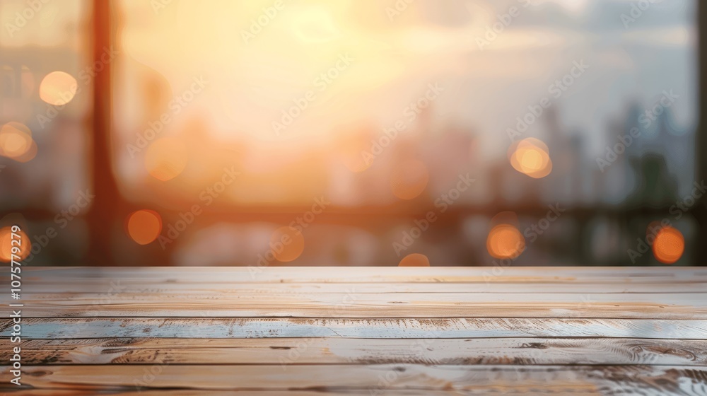 Poster light wooden table with blurred abstract background for product display
