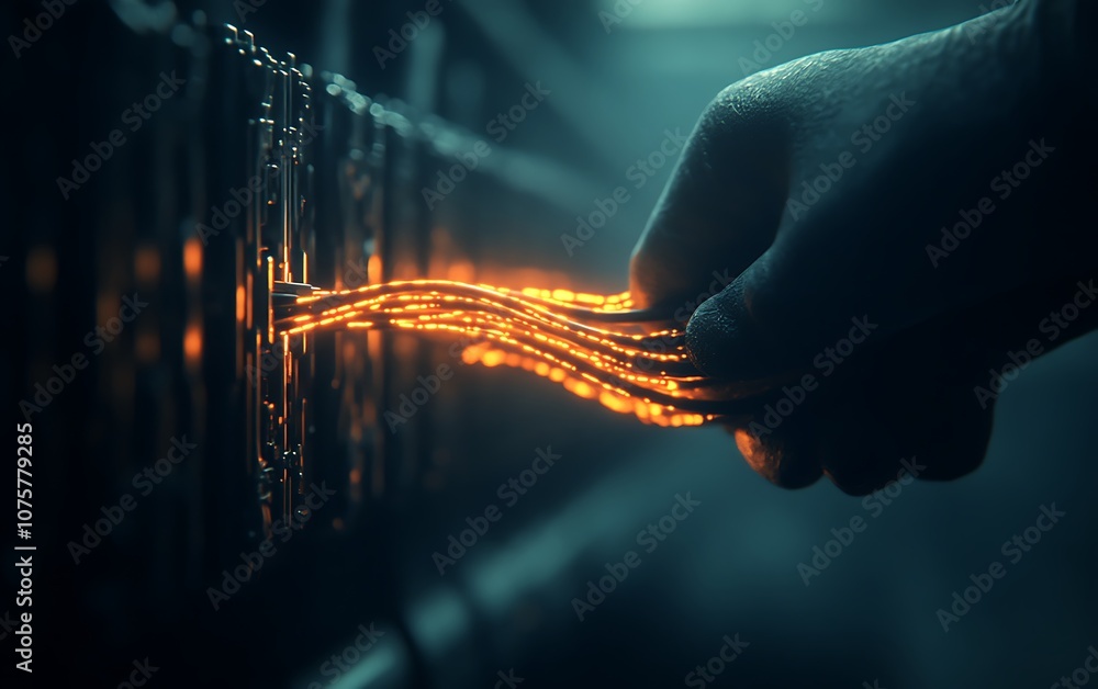 Poster a hand connects glowing cables to a server, illustrating the essence of technology and data in a dar