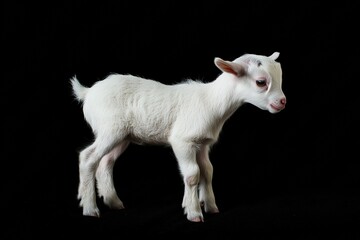 Fototapeta premium the beside view baby Domestic Goat standing, left side view, low angle, white copy space on right, Isolated on black Background