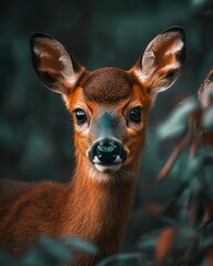 Fototapeta premium Mystic portrait of baby Roe Deer, copy space on right side, Headshot, Close-up View, isolated on white background