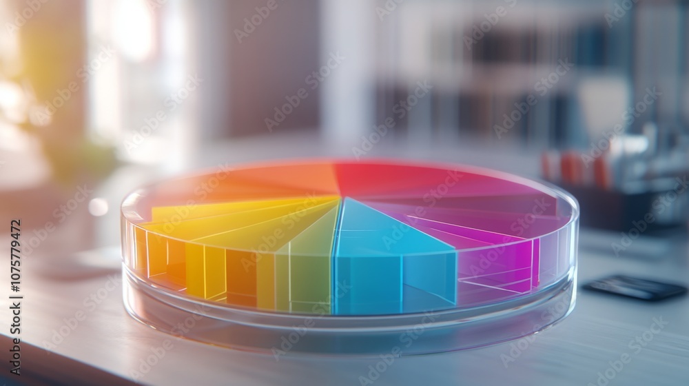 Fototapete Colorful 3D Pie Chart Displaying Data Visualization Concept in Modern Office Setting with Natural Light and Blurred Background Elements