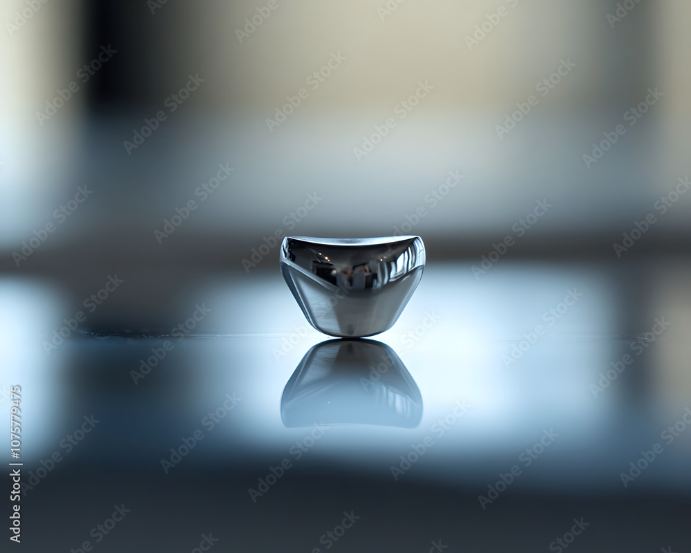 Poster a reflective, minimalist silver object on a smooth surface, emphasizing design and simplicity.
