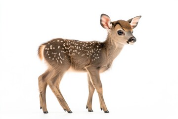 the beside view baby Sambar Deer standing, left side view, low angle, white copy space on right, Isolated on White Background