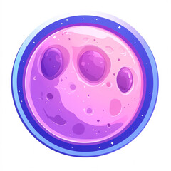 A vibrant, cartoon-style purple moon surrounded by a blue halo, set against a starry backdrop, adding a whimsical celestial touch.