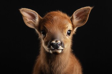 Mystic portrait of baby Elk in studio, copy space on right side, Headshot, Close-up View, isolated on black background