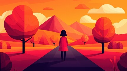 Naklejka premium Woman Walking Towards Mountain Range in Colorful Autumn Landscape Illustration