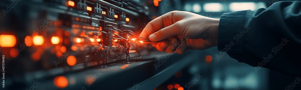 Fototapete A close-up of a hand adjusting settings on a server rack with glowing indicators, illustrating the tech environment of data management and network operations.