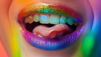 close-up view of vibrant rainbow lipstick on woman lips showcasing colorful gradient shades, lgbtq and gay pride colors make-up