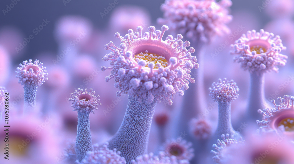 Poster a close-up view of vibrant, soft coral-like structures, displaying delicate textures and colors in a