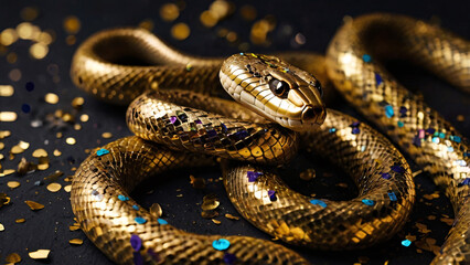 Fototapeta premium A striking close-up of a coiled snake covered in reflective gold and black metallic scales, set against a dark background. Snake an opulent and surreal appearance, blending luxury with nature