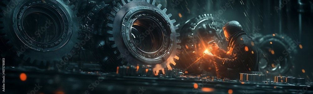 Poster a futuristic scene featuring glowing circular shapes with sparks and light effects, creating a drama