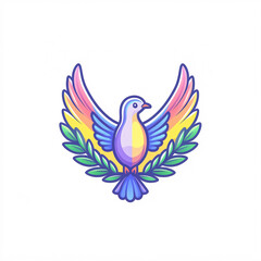 Obraz premium A colorful, stylized bird with vibrant wings and a leafy base, symbolizing peace and freedom.