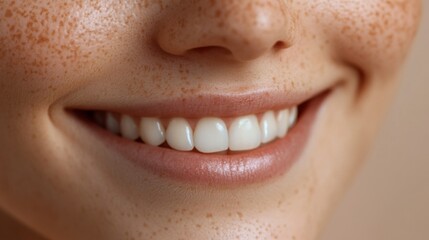 Close-Up of a Smiling Person with Freckles, Capturing the Joy and Brightness of Natural Beauty in a Soft and Subtle Portrait Setting