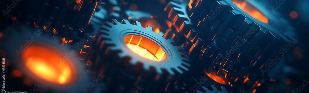 Poster a vibrant, close-up shot of interlocking gears with glowing orange highlights, emphasizing industria