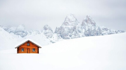 Fototapeta premium A cabin rests amidst a snow-covered field, framed by a snow-capped mountain range in the distance
