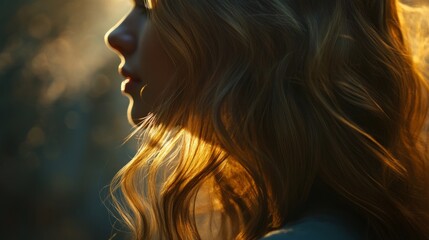Serene Profile of a Young Woman with Flowing Hair Illuminated by Soft Natural Light in a Dreamy Outdoor Setting