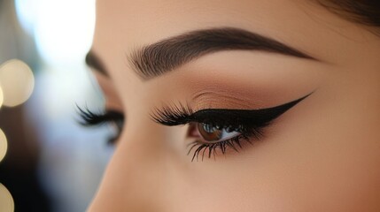 Fototapeta premium Stunning Close-Up of Perfectly Applied Eyeliner and Beautiful Eyelashes Highlighting Feminine Beauty in a Softly Lit Environment