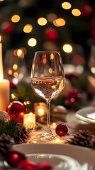 Elegant glass of water amidst festive holiday decorations and soft candlelight.