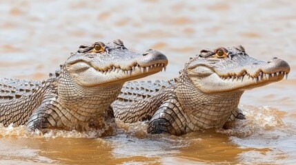 Fototapeta premium Two Crocodiles in a River Wildlife Reptile Nature Close up Danger Wild Teeth Jaws