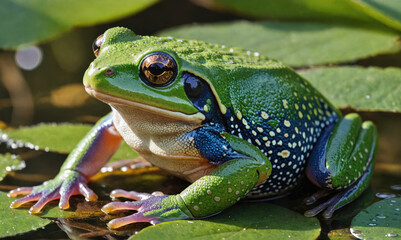 Obraz premium A green frog with blue and white spots sits on a lily pad in a pond