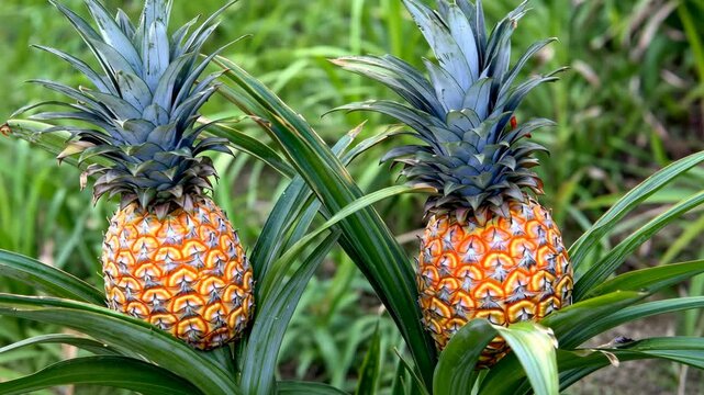 Two ripe pineapples grow in a tropical field
