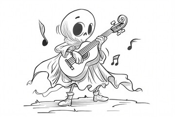 Fototapeta premium A whimsical skeleton character, dressed in a flowing cloak, strumming a guitar joyfully in a playful, monochrome style.