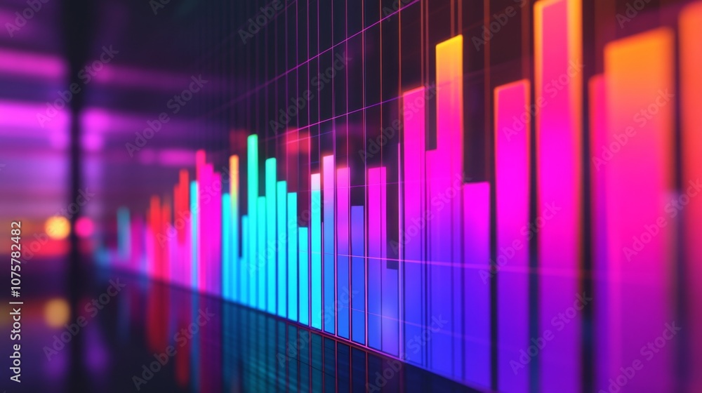 Poster abstract colorful data visualization background with glowing bars and digital elements for technolog