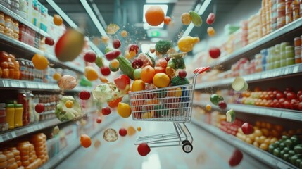Fruits, vegetables, and canned goods falling in slow motion into a shopping cart,