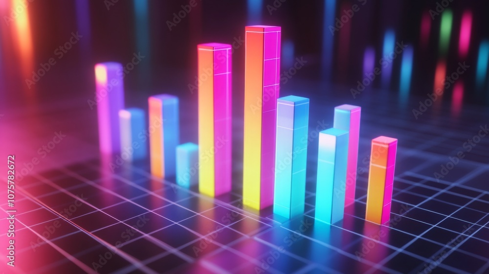 Leinwandbilder colorful neon bar graph data visualization on a dark grid background with reflections, perfect for b